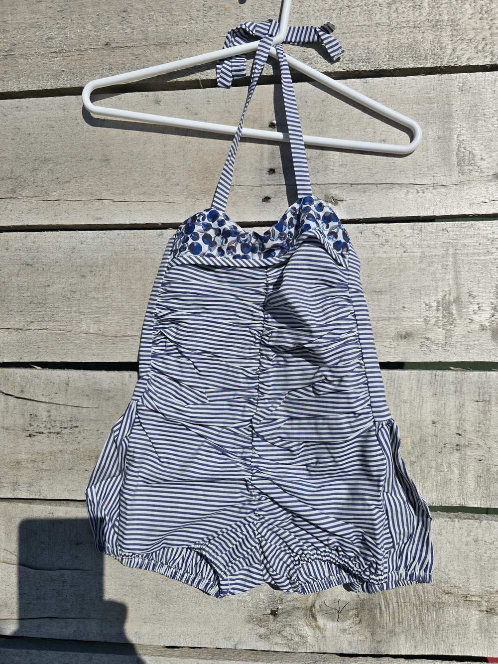 Cotton Romper. Designer Brand. Stripes Blueberry Detail